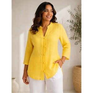 Deane & White 100% Linen Tunic Women’s 3X Yellow Button Front Slightly Fitted